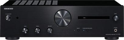 Onkyo A-9110 sort integreret stereo hi-fi-forstærker, frontvisning, sølvfarvede knapper og kontrolhjul på mat sort frontpanel