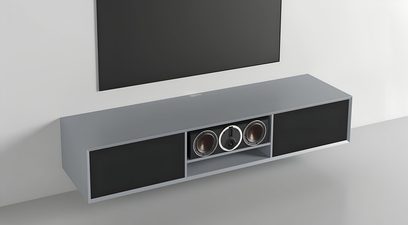 Nástěnný nábytek Clic Classic Series Model 242 velký světle šedý z matně lakovaného dřeva, černé panely, 3 středové reproduktory