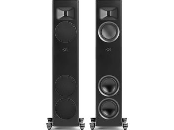 MartinLogan Motion F10 golvhögtalare i svart pianolack, frontvy, 2 runda högtalare synliga på den ena, skyddsgaller på den andra