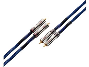 Analogowy kabel audio RCA Reference Blue RCA 1,5m, 2 niebieskie plecione kable z pozłacanymi metalowymi złączami i niebieskimi napisami
