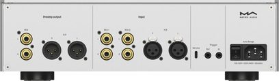 Matrix Audio NA-1 -hifikuuloke-esivahvistin, hopeinen takanäkymä RCA/XLR-tuloilla ja esivahvistinlähdöllä