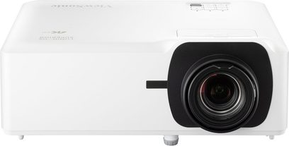 Projektor LS901-4K, hvidt rektangulært kabinet, sort cirkulært objektiv til højre, justerbare fødder synlige nederst