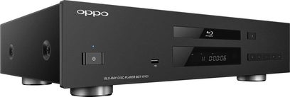 OPPO BDP-101CI Blu-ray-afspiller, set forfra, rektangulært sort kabinet, frontpanel med knapper, display og diskskuffe