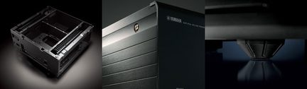 Tre visninger af en sort Yamaha digital piano: Frontvisning, sidevisning, tæt visning af tastaturet