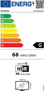 Europæisk energimærke for en Samsung QE43Q65AAU-tv, klasse G, energiforbrug 66 kWh/1000 timer, skærmdiagonal 108 cm