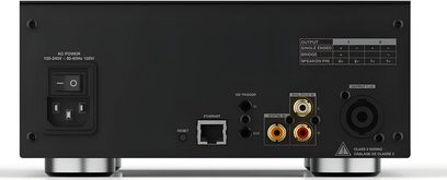 Amplificatore Bowers & Wilkins CDA-2HD in metallo nero, retro con presa IEC, ingressi RCA analogici/digitali, uscita Speakon