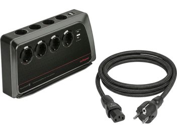 Multiprise parafoudre Audioquest PowerQuest 3 noire avec 4 prises, ports USB et câble secteur tressé NRG-Y3 1 m