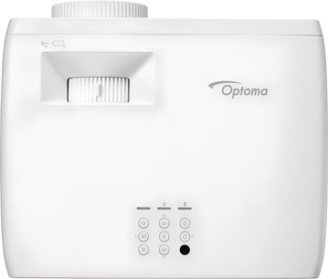 Optoma UHZ35 white plastic video projector, top view, notched ring, recessed dial, circular buttons