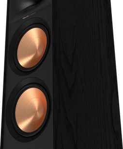 Klipsch R-800F siyah kolon hoparlör, yakın ön görüntü, mat siyah panel üzerinde iki bakır renkli dairesel hoparlör