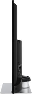 Panasonic TX-50LX650E-fladskærms-tv, set fra siden, flad skærm, smalle kanter, rektangulær fod, sort farve