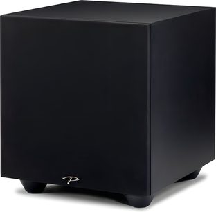 Subwoofer Paradigm Defiance V8 nero satinato, vista frontale, forma cubica, pannello frontale nero opaco con logo argentato
