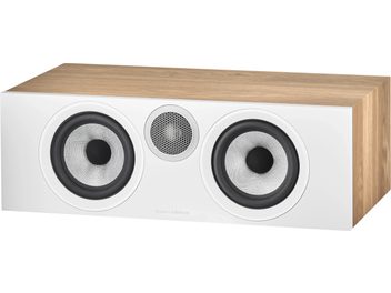 Bowers & Wilkins HTM6 S3 Center-Lautsprecher in hellem Eichenholz, Holzgehäuse, weiße Frontplatte, 2 graue Lautsprecher, zentraler Hochtöner