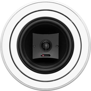 Boston Acoustics HSi460 indbygget højttaler, set forfra, cirkulær hvid gitterdæksel, sort diskant i midten
