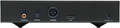 Nuprime CDT-9 sort CD-afspiller med koaksial-, optisk-, AES/EBU-, I2S-stik og USB-port på bagsiden