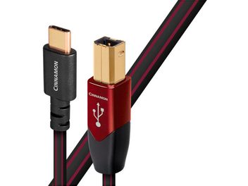 Cable USB Audioquest Cinnamon USB B a C 1,5m, conectores dorados y rojos, funda negra y roja a rayas