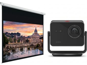 Čierny videoprojektor Leica Cine Play so sťahovacím projekčným plátnom zobrazujúcim pohľad na Rím