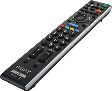 Sort Sony RM-ED011 fjernbetjening med multifarvede knapper, set forfra i fuld længde