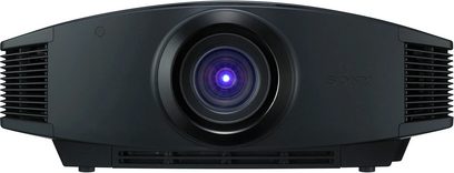 Sony VPL-VW90ES sort videoprojektor, set forfra, linse i midten omgivet af en tændt blå LED