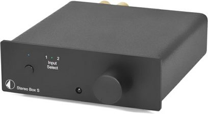 Pro-Ject Stereo Box S sort hi-fi-stereforstærker, rektangulært mat kabinet, indgangsvælger, LED, volumenkontrol