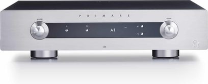 Amplificatore hi-fi stereo Primare I35, frontale argentato con pulsanti, manopole, display digitale, prese per cuffie e ingresso ausiliario
