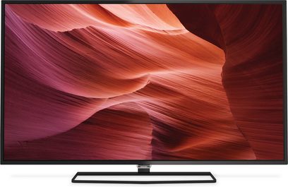 Philips 55PFH5500 fladskærms-tv, der viser bølgende røde former på en mørk baggrund