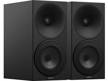 Amphion Argon 1 sorte bogreolhøjttalere, frontvisning, to runde sorte højttalere på sorte kabinetter