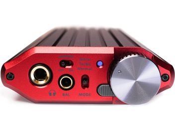 iFi Audio iDSD Diablo 2 portable audio converter, red, front view with buttons and ports, top view