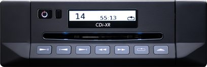 Sort facade på en Cyrus CDi-XR CD-afspiller med blåt digitalt display, 7 kontrolknapper og en tænd/sluk-knap