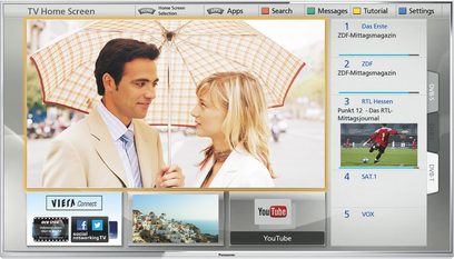 Tv-skærm, der viser en brugergrænseflade med et par under en paraply og applikationsvignetter