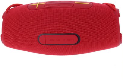 Bluetooth-højttaler Yourban Getone 45 rød, set ovenfra, gule kontrolknapper, synlige AUX-, USB-, TF- og type-C-porte