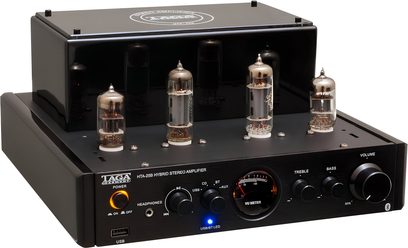 Stereofonní lampový zesilovač Taga Harmony HTA-25B černý, pohled ze tří čtvrtin, čtyři viditelné lampy a VU metr