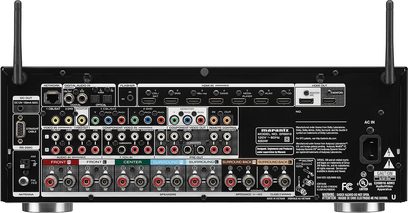 Marantz SR5010 sort hjemmebiografsforstærker, bagside, audio/video-tilslutninger, Wi-Fi-antenner, netværks- og strømstik