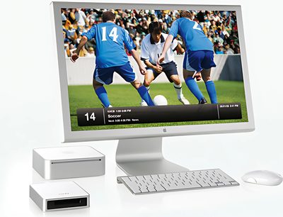 Receptor de satélite digital Elgato EyeTV Sat con control remoto, teclado y pantalla que muestra un partido de fútbol