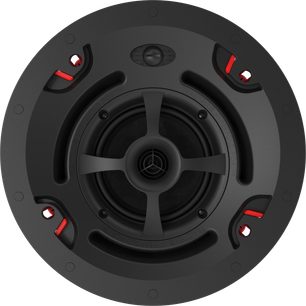Indbygningshøjttaler til loft Klipsch PIC-450-T BW, set forfra, cirkulær form, sort overflade, 4 synlige røde fastgørelser