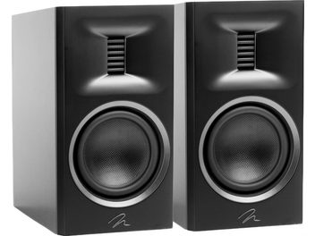Pair of black lacquered MartinLogan Motion Xt B100 bookshelf speakers with exposed tweeters and woofers