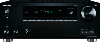 Onkyo TX-RZ720 sort hjemmebiografsforstærker, frontpanel, frontvisning, grøn "DTS:X"-skærm, knapper og stik på frontpanelet