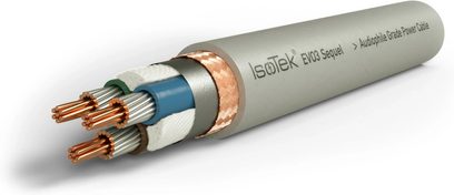 IsoTek EVO3 Sequel 2m netledning, grå, kobberterminaler, hvid flettet kappe, set fra siden