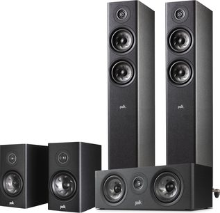 Sada sloupových reproduktorů Polk Audio R500 černé, 2 páry sloupových reproduktorů a 1 pár regálových reproduktorů, pohled zepředu