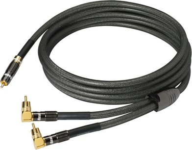 Cavo per subwoofer Y-SUB1801 7,5m, connettori RCA dorati, guaina intrecciata nera, vista arrotolata, due estremità angolate