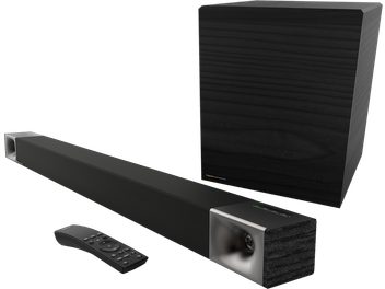 Soundbar Klipsch Cinema 600 nera con subwoofer, su superficie grigia, vista frontale