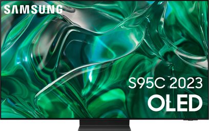 Nærbillede af den tændte OLED-skærm på Samsung S95C 2023-tv'et, der viser abstrakte grønne former