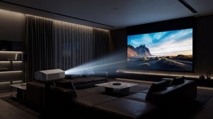 White projector displaying a mountain landscape on a large screen in a dark home theater living room
