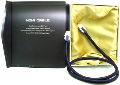 Sort Choseal CHD-3221 R2 HDMI-kabel i åbnet gul emballage, HDMI-stik synlige