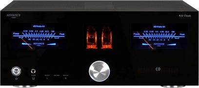 Stereo hi-fi forstærker Advance Paris A10 Classic sort, frontpanel med blå LED-display, 2 oplyste røde vu-metre, knapper og tilslutninger