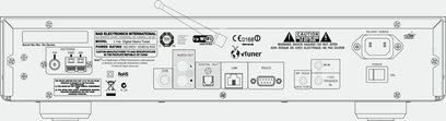 NAD C 446 sort netværksaudioafspiller, bagside, audio/video-tilslutninger, WiFi-antenne, Ethernet-port, strømforsyning