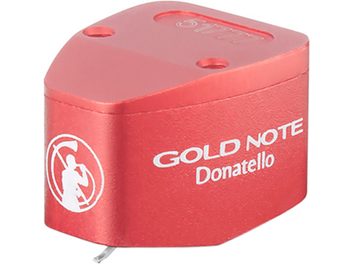 Guldnotes vinylcellule Donatello i en livlig röd färg, med en rundad trapetsformad aluminiumkåpa och vitt logotyp på ovansidan