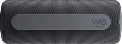 Tragbarer Bluetooth-Lautsprecher Loewe We. HEAR 1 dunkelgrau, Vorderansicht mit breitem zentralem Trageriemen und strukturierter Frontbespannung