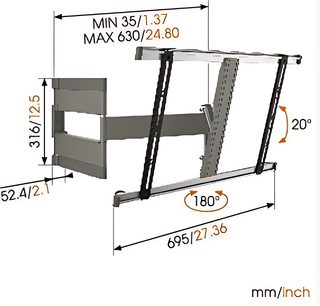 Drejelig og vippelig vægbeslag til TV i sort metal, minimumsmål 35 x 1,37 cm og maksimumsmål 630 x 24,80 cm