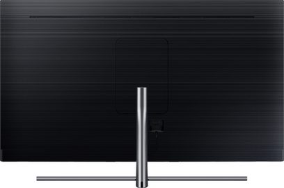 Samsung QE65Q7F 2018 sort TV, frontvisning, slukket skærm, sølvfarvet centralt fod