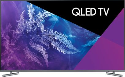 Samsung QLED-TV QE65Q6F 65 tommer, frontvisning, skjermen viser blå og lilla bregner på svart bakgrunn